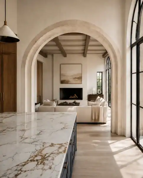sacramento custom home interior stone arch marble island